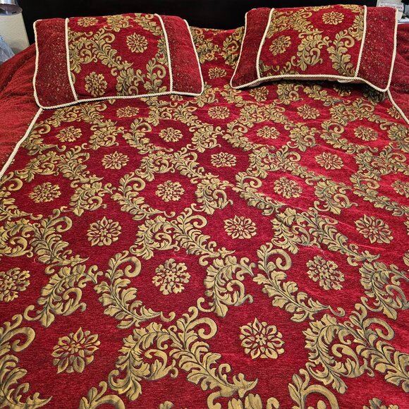 Red Burgundy Floral Leaf Antique Gold Rope Comforter Bed Cover Pillow Shams Set - Picture 1 of 16